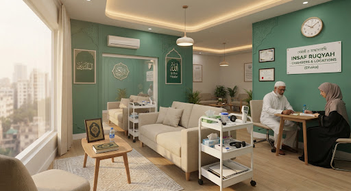 A clean, modern Islamic ruqyah clinic interior with minimalist beige couches, emerald walls, soft warm lighting, organized medical trolleys, and peaceful serene spiritual atmosphere in Dhaka Bangladesh